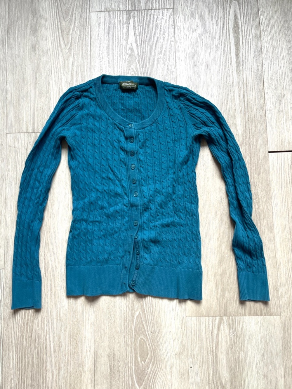 Eddie Bauer 100% Cotton Teal Cable-Knit Button Cardigan